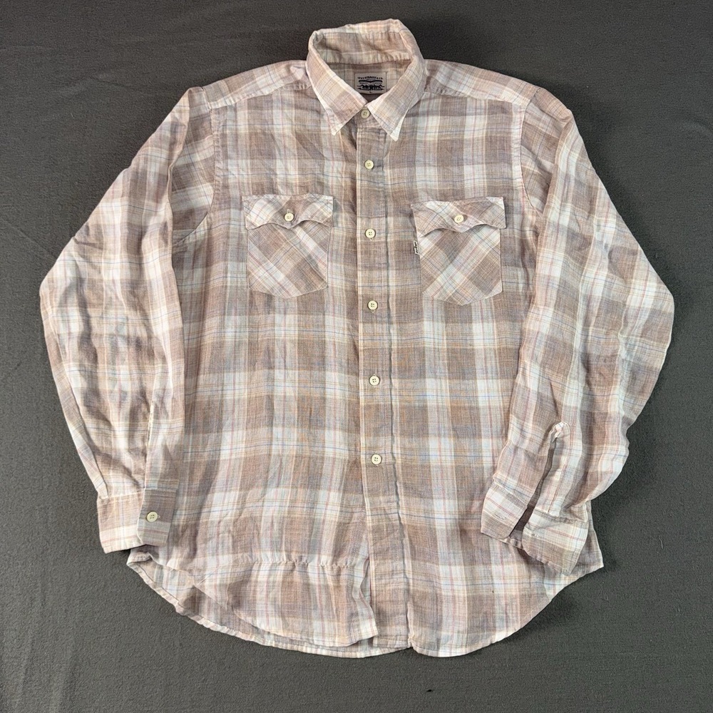 Vintage 80s Levis White Tag Mens Large Plaid Button Down Shirt Long Sleeve L